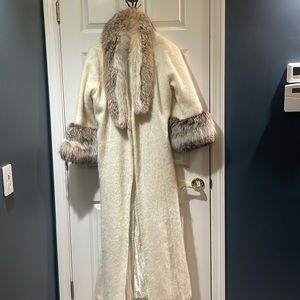Cream colored wool with taupe and light brown trim
